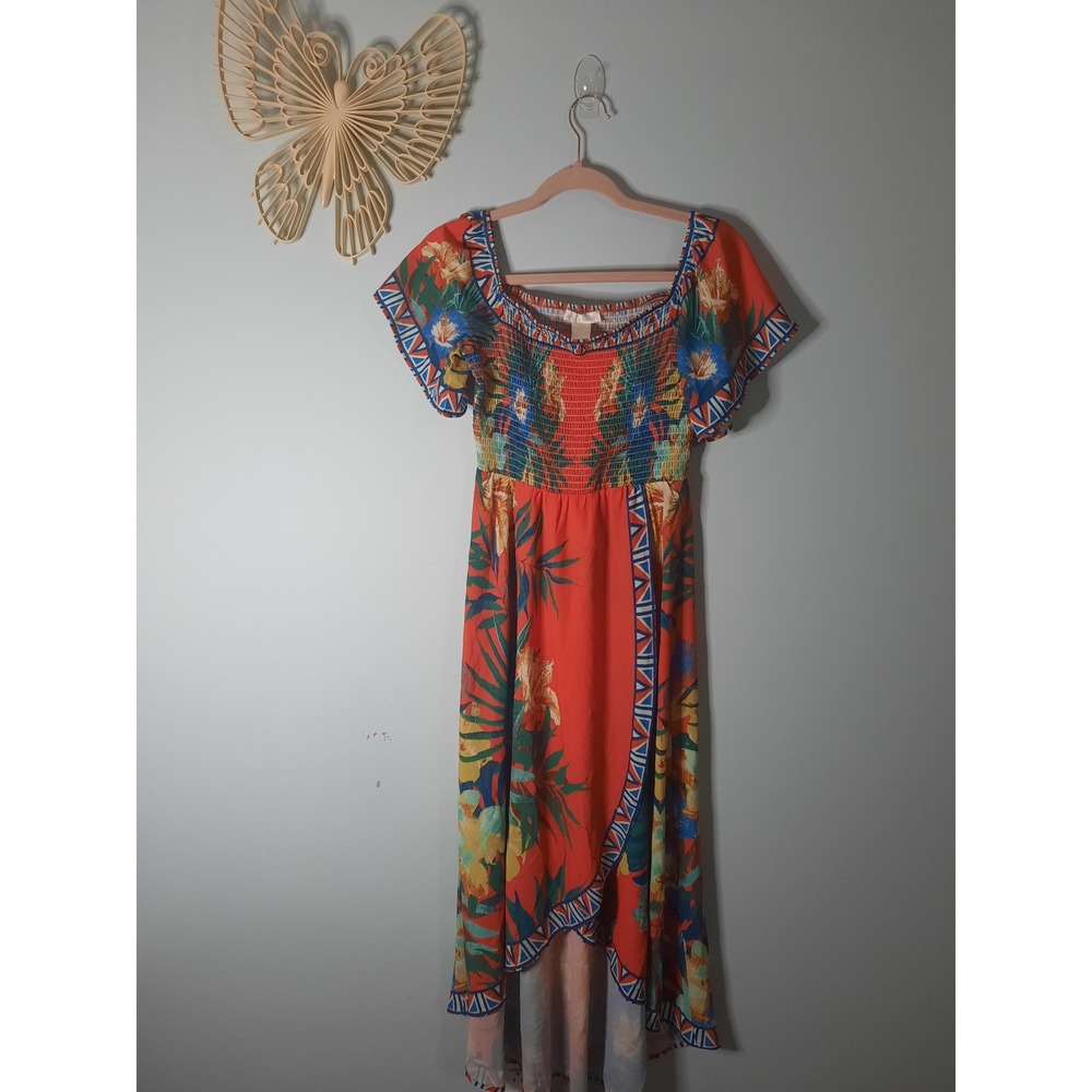 Jealous Tomato Red Tropical Floral Smocked High Low Maxi Dress Small